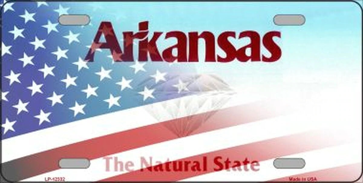 Arkansas with American Flag Novelty Metal License Plate 
