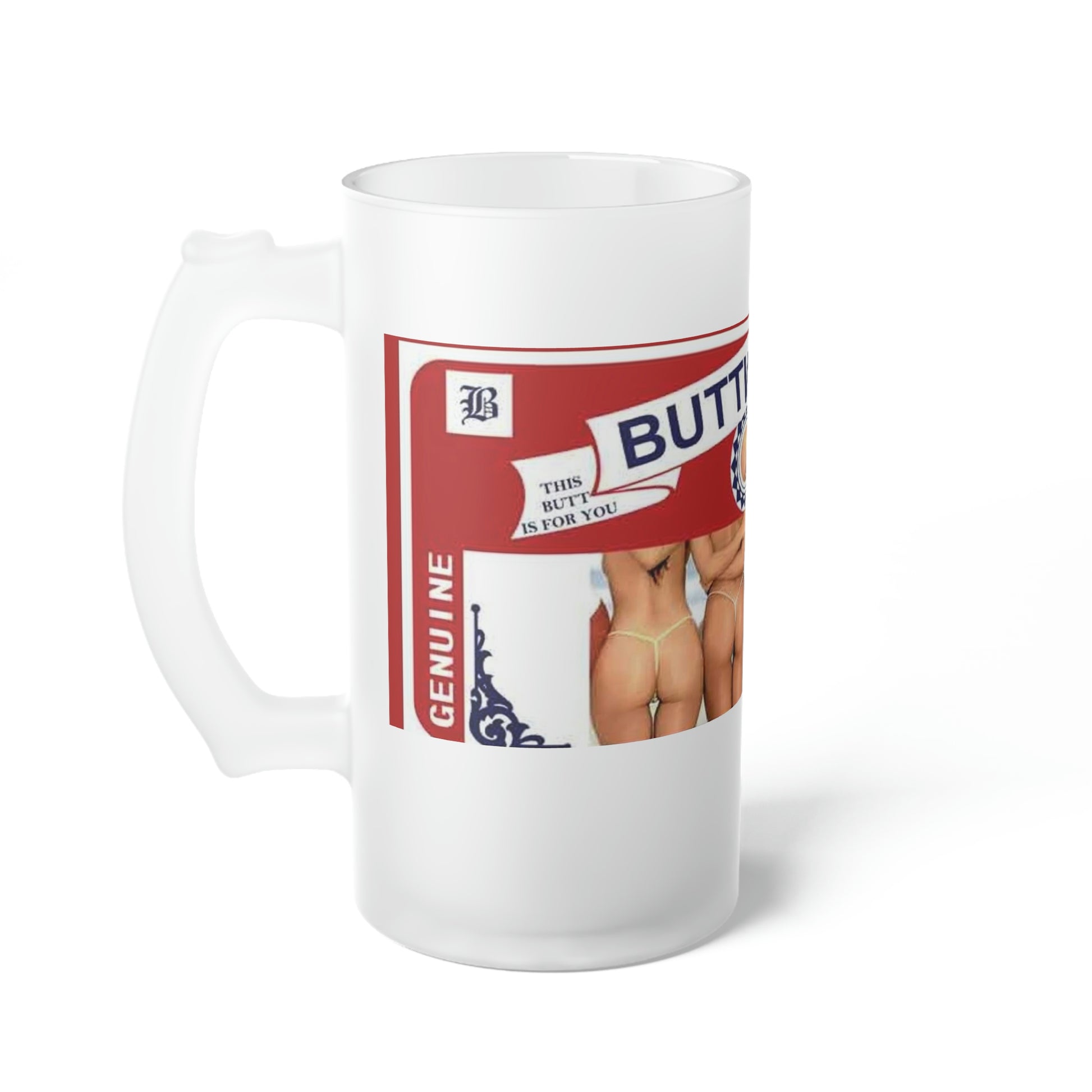Left Side View Buttwiser Frosted Glass Beer Mug