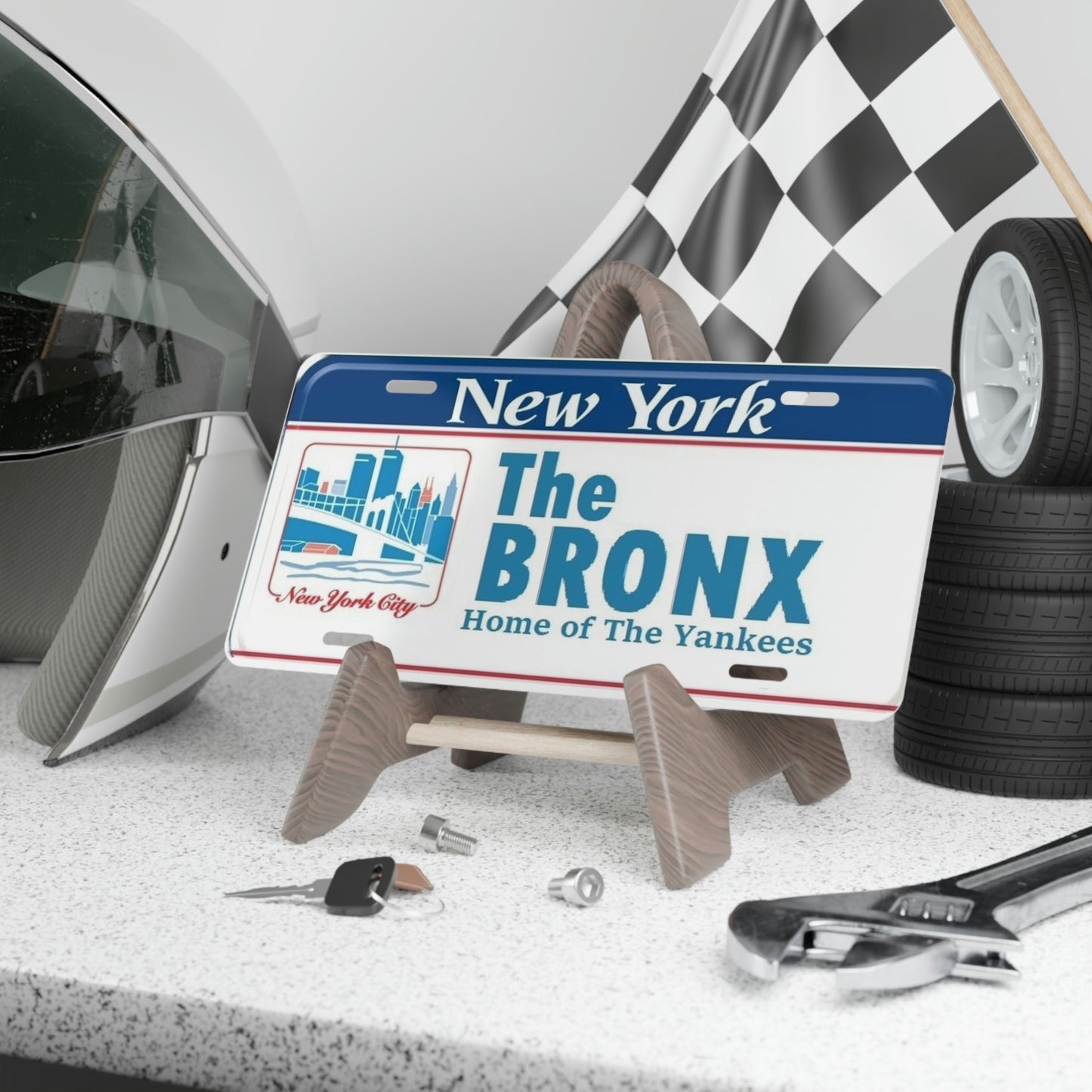 The Bronx NY Vanity License Plate On a Redestal