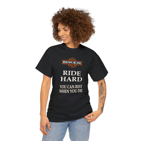 Female Model Ride Hard Bikers Unisex Heavy Cotton Tee Shirt

