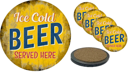 Ice Cold Beer Served Here Circular Wall Sign and Coaster Set